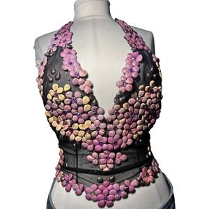 RARE Ema Savahl Hand Painted 3D Floral Halter Tie Back Top Black Mesh Appliqué